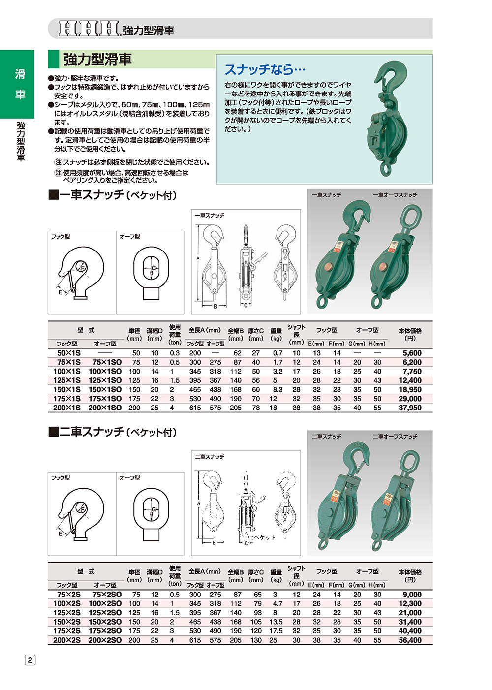 新入荷 流行 HHH スリーエッチ 100×2S 強力型滑車 二車スナッチ ベケット付