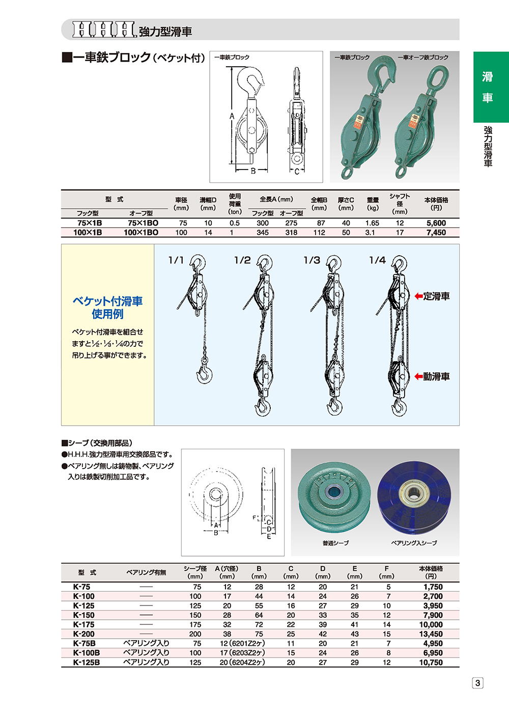 スリーエッチ 強力型滑車 二車スナッチオーフ 150×2SO - 1