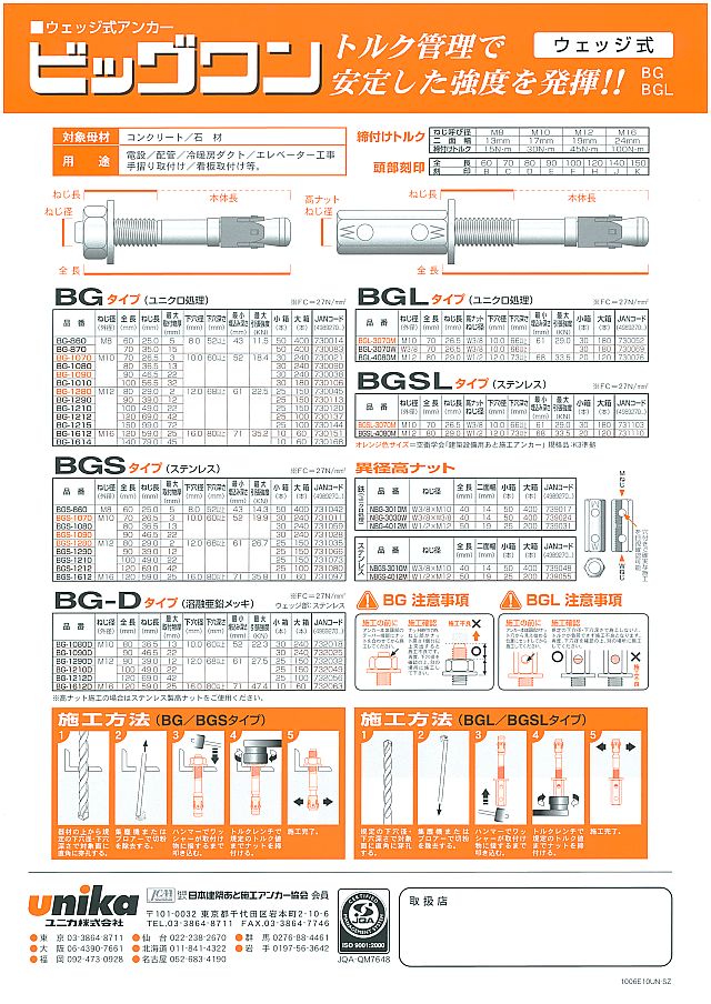 爆安プライス ユニカ 締付アンカー ビッグワン 安全施工ケースセット BC-03 BC03 4912144