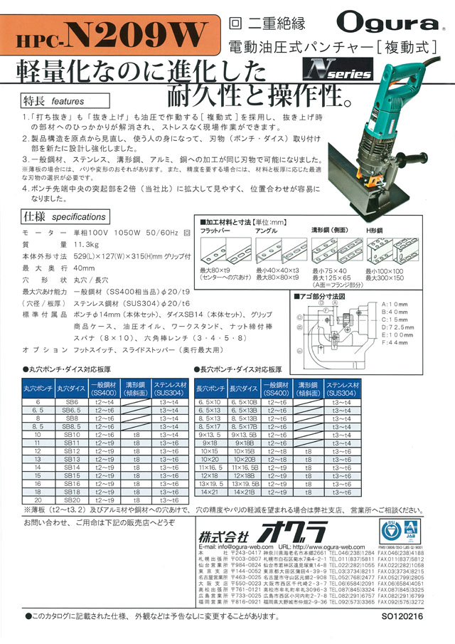 オグラ 電動油圧式パンチャー HPC-N209W 丸甲金物株式会社