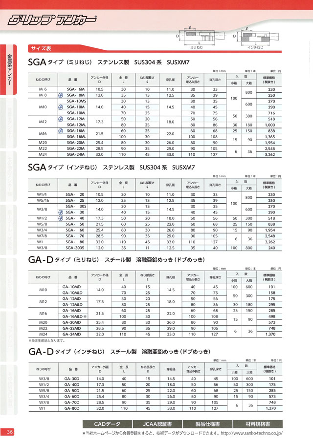 グリップアンカー（ＧＡグリップアンカー 316SGA-10M ＳＵＳ３１６ 生地(または標準) - 2