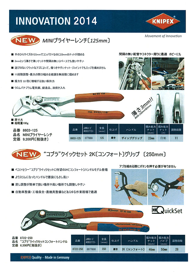 Knipex Miniプライヤーレンチ コブラクイックセット２ｋ 丸甲金物