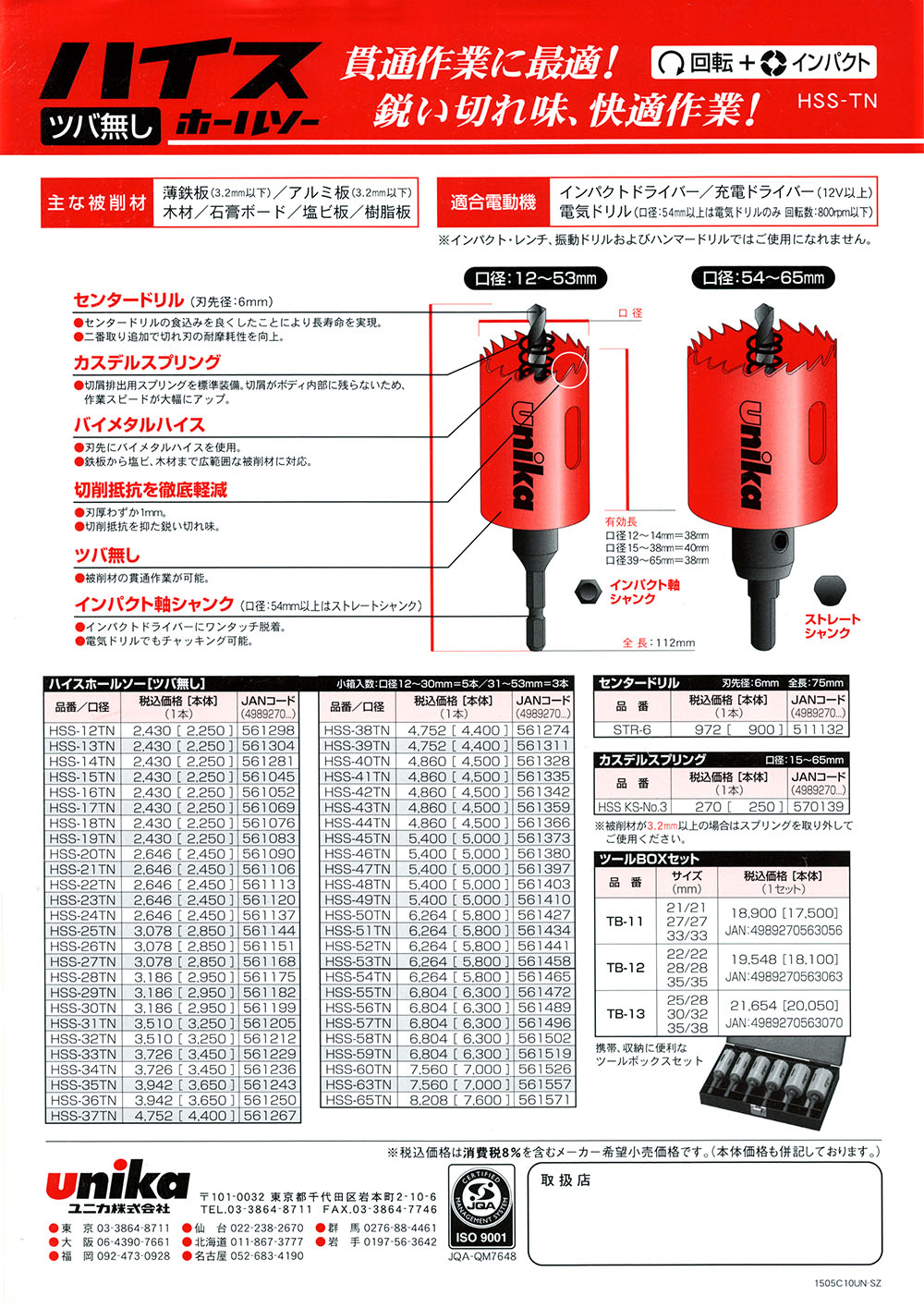 ユニカ ハイスホルソーつば無しに大口径サイズ HSS-TN 丸甲金物株式会社