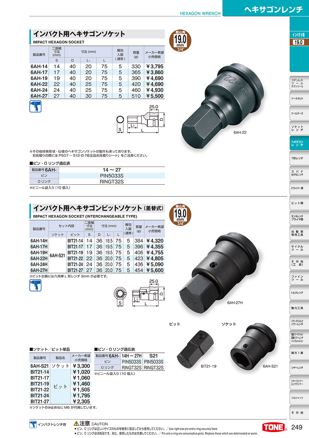 インパクト用ヘキサゴンソケット差込角19.0mm,インパクト用ヘキサゴンビットソケット差替式 差込角19.0mm,インパクト用ヘキサゴンビット単品,